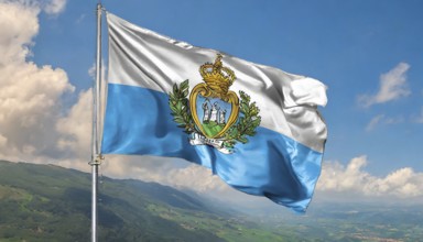 Flags, the national flag of San Marino flutters in the wind