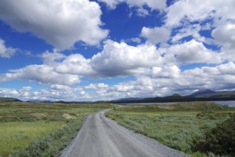 Landscape with a road leading through the fells under a light blue sky with many clouds,
