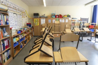 Classroom of a fourth grade, after school, the building is older but in good condition, modern