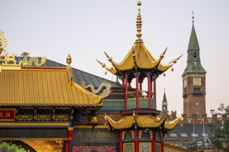 Building, Chinese architecture with pavilion in front of town hall tower, Tivoli amusement and