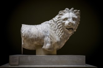 Marble statue, lion from the Mausoleum of Halicarnassus, one of the seven wonders of the world,