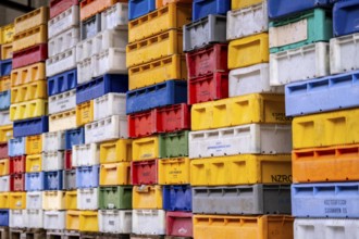 The town harbour of Sassnitz, island of Rügen, boxes of fish waiting for the new catch, at the