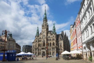 Historic town hall in Gothic style on a lively square with colourful buildings, Town hall, Liberec,