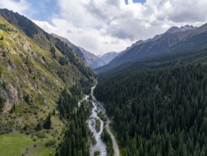 Aerial view, Green Mountain Valley, Chon Kyzyl Suu, Tien-Shan Mountains, Kyrgyzstan, Asia