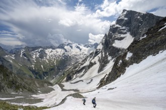 Mountaineers hiking in a snowfield, Nördliche Mörchnerscharte, behind mountain peak Greizer Spitze
