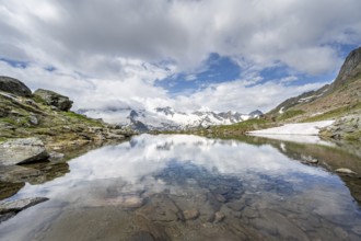 Picturesque mountain landscape with mountain lake, mountains and glaciers reflected in the