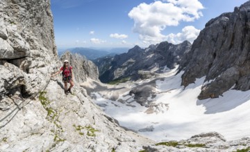Mountaineer with helmet in a secured via ferrata, Zugspitz via ferrata, ascent to the Zugspitze,