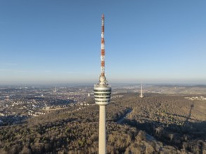 Aerial view of the 216.6 metre high Stuttgart television tower, observation tower, restaurant,