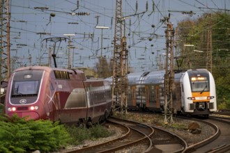 Eurostar train and RRX train leaving Essen Central Station, North Rhine-Westphalia, Germany, Europe