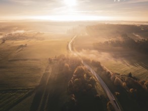 Landscape with a road through fields at sunrise, shrouded in fog and warm colours, Gechingen, Black