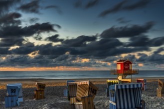 Evening sky, beach chairs, beach, tourism, travel, holiday, North Sea, North Sea island, Langeoog,