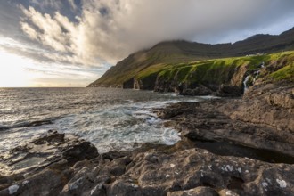 Coast with cliffs and mountains, sea, Vidareidi, Vidoy Island, Viðareiði, Viðoy Island, Faroe