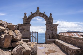 Puerta de piedra Taquile, Huillanopampa, Titicaca lake, Puno, Peru, South America