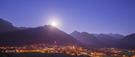Oberstdorf at night, full moon rising, Allgaeu Alps, Allgaeu, Bavaria, Germany, Europe