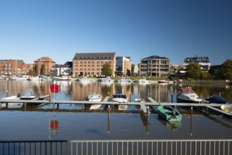 Leisure harbour, moorings, motorboats, Leer, East Frisia, Germany, Europe