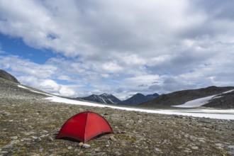 Tent in mountain landscape, Sarek National Park, World Heritage Laponia, Norrbotten, Lapland,