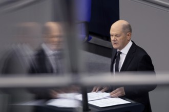 Olaf Scholz (SPD, Federal Chancellor) speaks during a Bundestag debate on a government statement on