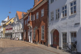 Odense, street in the old town, colourful houses, eaves houses, Fyn, island of Funen, Denmark,