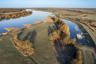 Aerial view of river Elbe, marina Lenzen, early spring, Germany, Europe