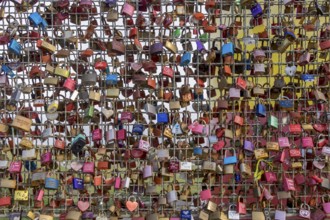 Lattice with love locks, at the Pilsum lighthouse, Pilsum, Krummhörn, Lower Saxony, Germany, Europe