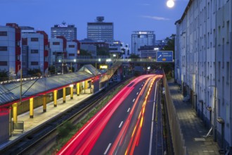 Essen, North Rhine-Westphalia, Germany, A40 motorway in the city centre at dusk. Deserted