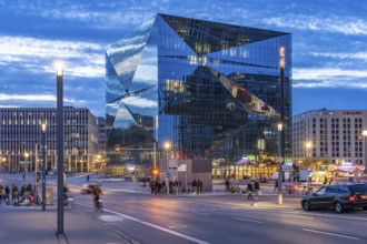 The modern Cube Berlin office building on Washingtonplatz at dusk, Berlin, Germany, Europe