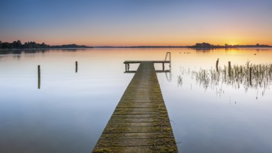 Wooden footbridge at sunrise on Lake Schaalsee, Schaalsee Biosphere Reserve, Zarrentin,