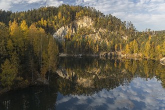 Adršpašské pond, lakeshore with trees and rocks on a sunny day in autumn, Dolní Adršpach, 549 57