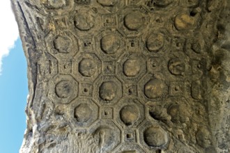 Remains of a barrel vault with a coffered ceiling carved in stone in the Tamaras Hall of the