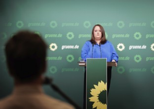 Ricarda Lang, Federal Chairwoman of Bündnis 90/Die Grünen, recorded during a press conference in