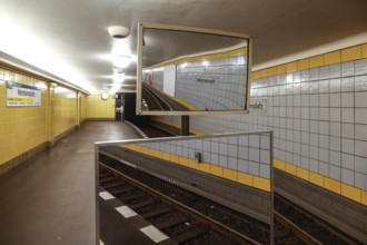 Mirrors on an underground platform at Hermannplatz station. The mirrors are used by the drivers for