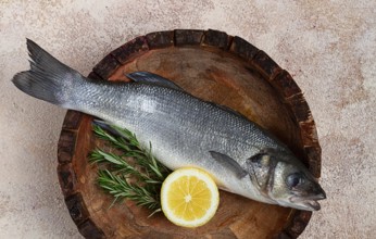 Fresh, raw sea bass fish, in a wooden plate, top view, no people