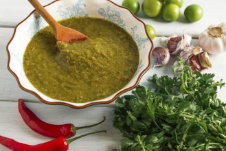 Tkemali sauce, traditional Georgian cuisine, green cherry plum, with ingredients for sauce,