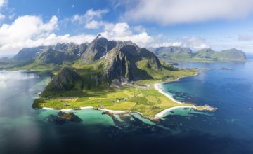 View of Flakstad and the beach at Skagsanden, Lofoten, Norway, Europe