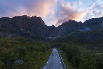 Road to Nusfjord in the evening, Lofoten, Norway, Europe