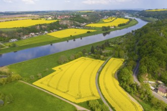 Aerial view of the Elbe near Zehren with Zadel and Elbe valley slopes, Diera-Zehren, Saxony,