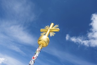 Golden summit cross on the summit of the Zugspitze, Wetterstein range, Northern Limestone Alps,
