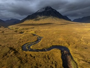Morning light, cloudy mood, sunbeams, river, moor, mountain landscape, aerial view, autumn, view of