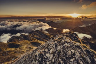 Sunrise hike on the Hochplatte in the Ammergau Alps, Ammergebirge in the Allgäu, Bavaria, Germany,