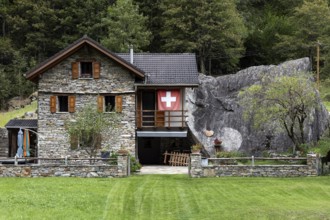 Typical Ticino stone houses in the village of Sonogno, Verzasca Valley, Valle Verzasca, Canton