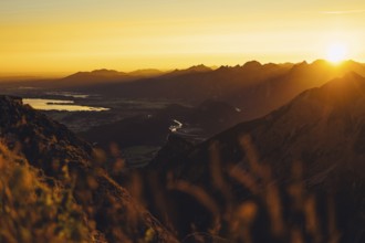 View from the Aggenstein and the foothills of the Alps in Ostallgäu and the Ammergebirge at