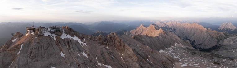 Alpine panorama, aerial view, Zugspitze and Zugspitze railway, high mountains, Bavaria, Germany,
