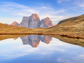 Laghetto di Baste, Belluno, Pelmo Massif, sunset, Mondeval Plateau, Passo di Giau, Dolomites,