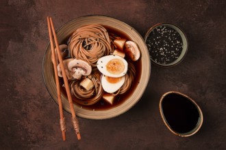 Asian soba soup, with mushrooms and egg, cheese, sesame seeds, homemade, no people