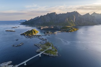 View of islands and mountains at the Reinefjord, fishing village Reine, Lofoten, Norway, Europe