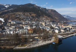 Drone shot, city view, Zell am See, Zeller See, Pinzgau, Land Salzburg, Austria, Europe