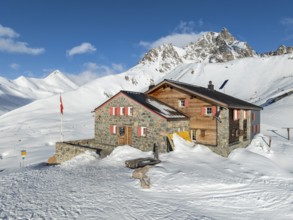 SAC Alpine Club hut in winter, Chamanna d'Es-cha, Pitz Blaisun, Albula Alps, Grisons, Switzerland,