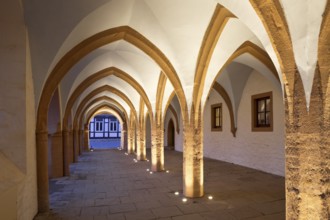 Open hall, arcade at the late Gothic town hall in Goslar in the evening, UNESCO World Heritage