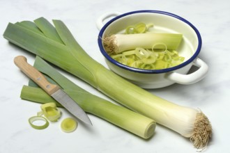 Leek, leek sticks and leek rings in a bowl