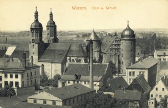 Historical postcard, picture postcard, cathedral and castle in Wurzen, Saxony, Germany, digitally